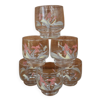 6 transparent glasses with vintage Luminarc floral decorations