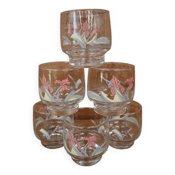 6 transparent glasses with vintage Luminarc floral decorations