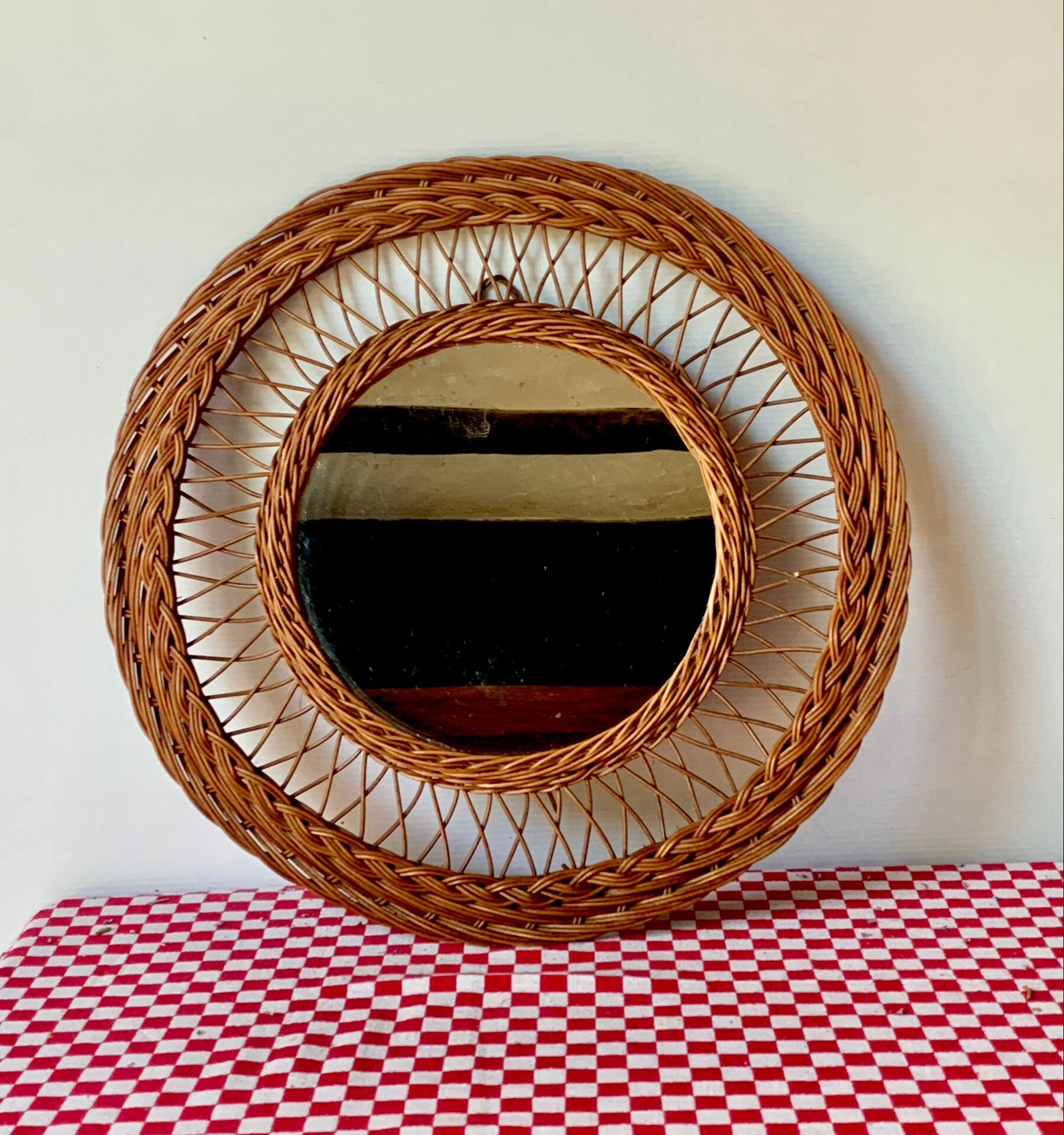 Miroir rond rotin 1950