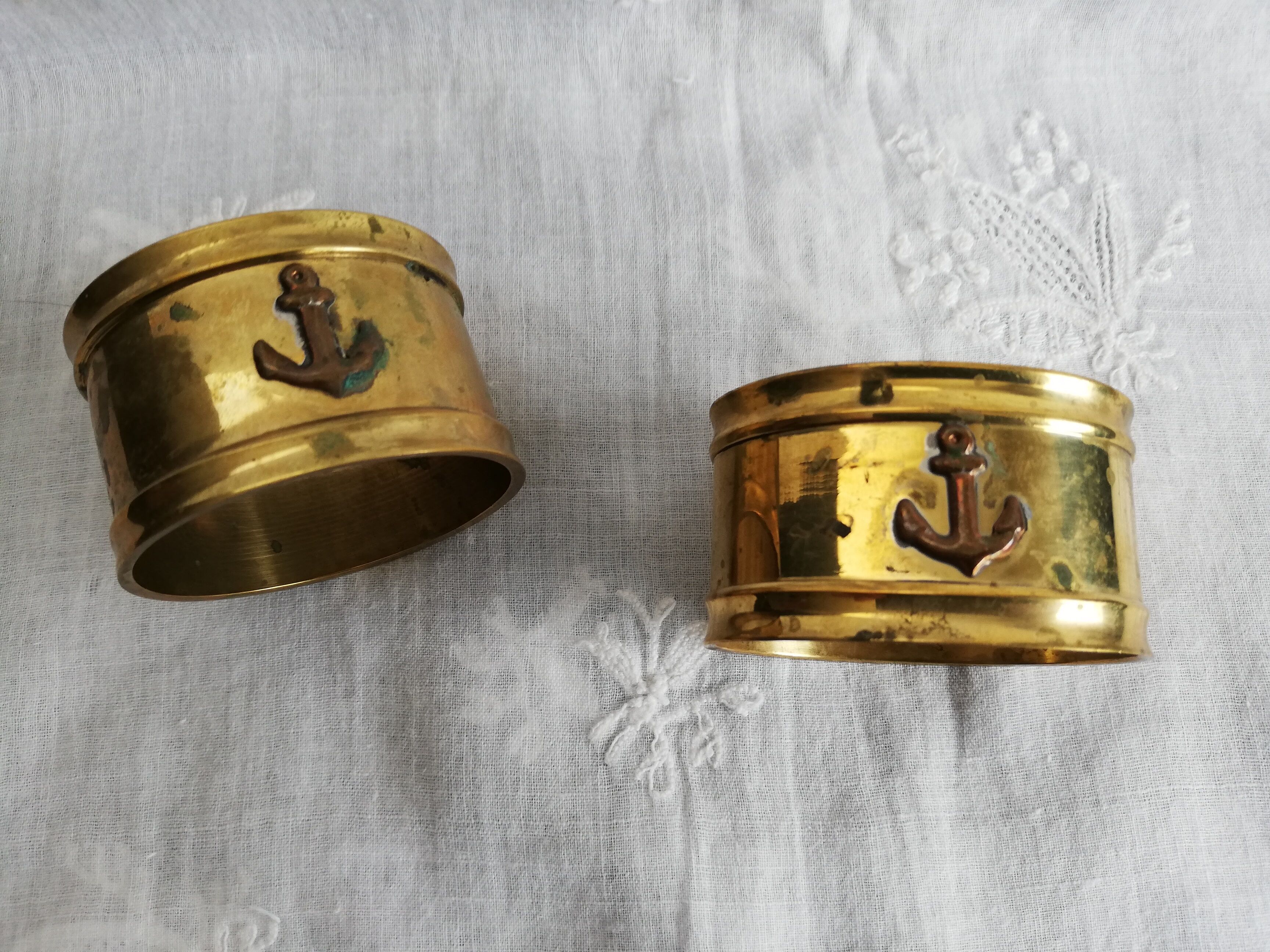 Pair of old towel rings "marine anchor" brass