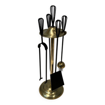 Fire Set in Black Lacquered Metal and Polished Brass. France. Circa 1.