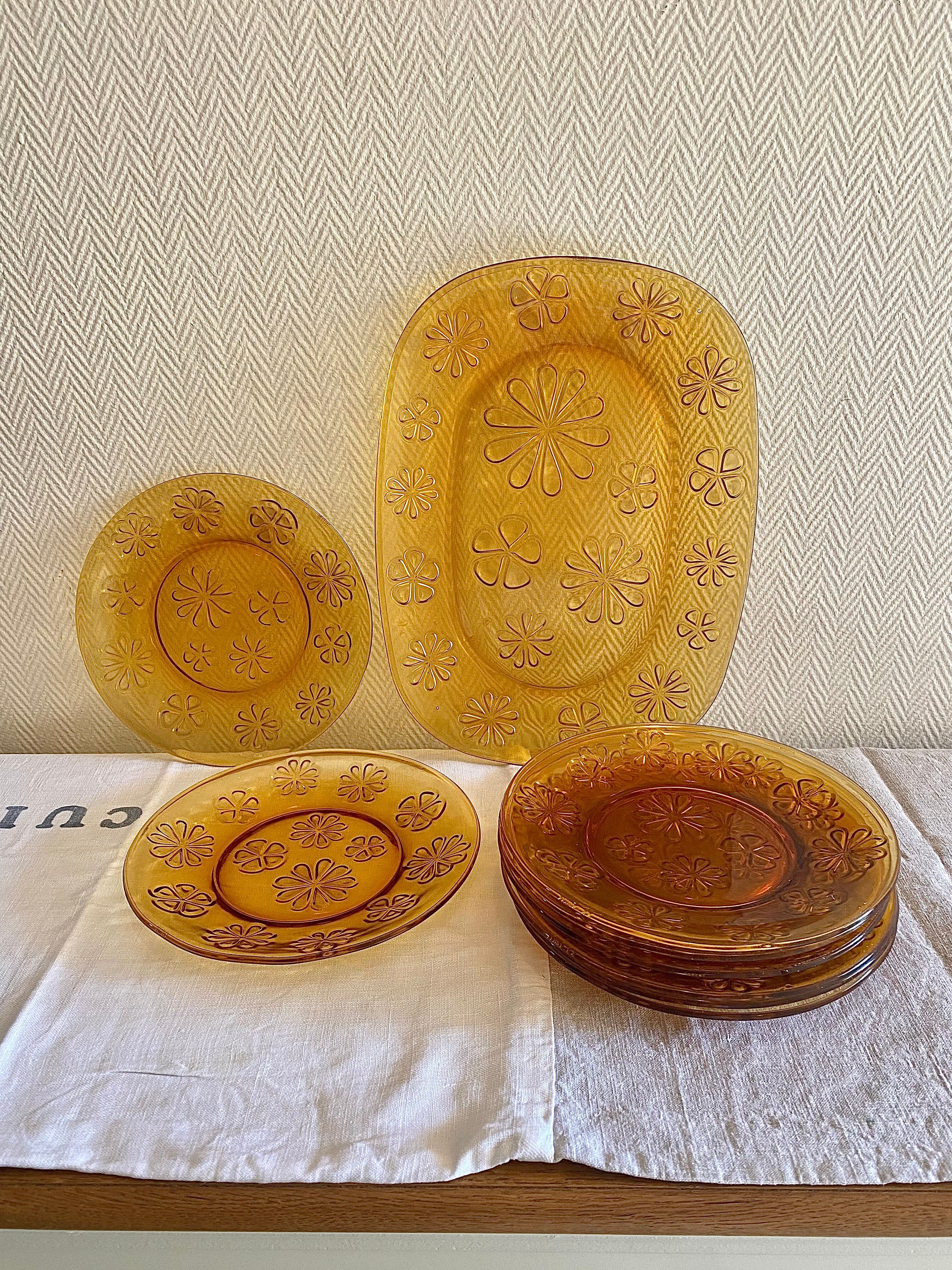 Service assiettes vereco ambré décor floral