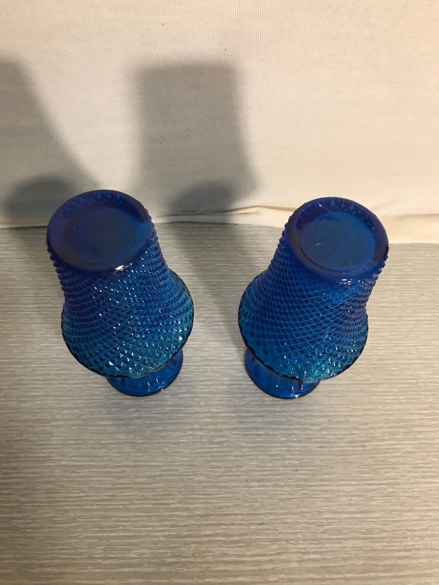 Pair Of Vase Ancient Art Deco Glass Molded Blue Geometric Shape Vintage