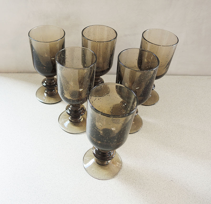 6 vintage glass foot glasses in smoked bullé from Biot