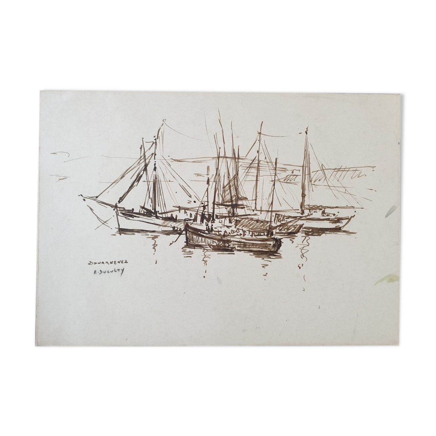 André Duculty (1912-1990) Ink wash on paper "Port de Douarnenez" Signed lower left