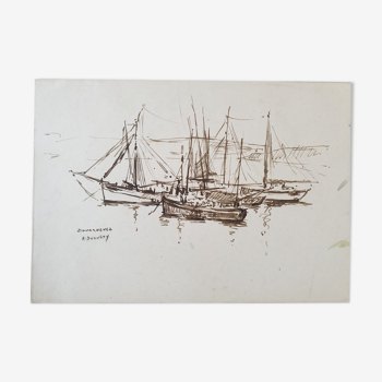André Duculty (1912-1990) Ink wash on paper "Port de Douarnenez" Signed lower left