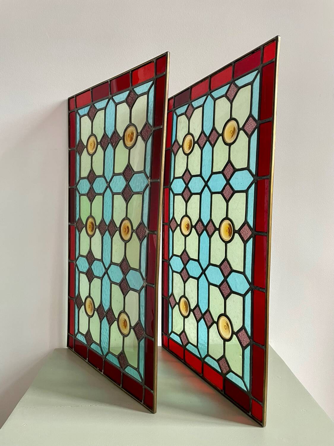 Pair of 1900 polychrome stained glass windows
