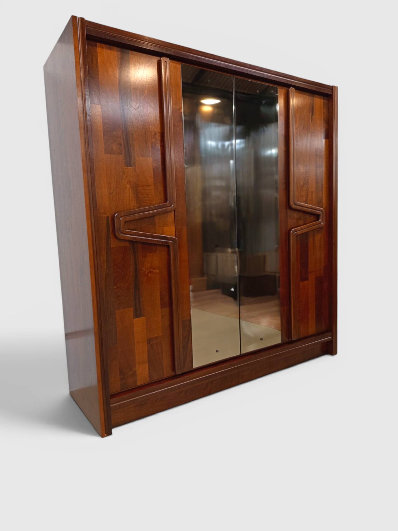 Modernist mahogany wardrobe with smoked mirrors (late 1970s)
