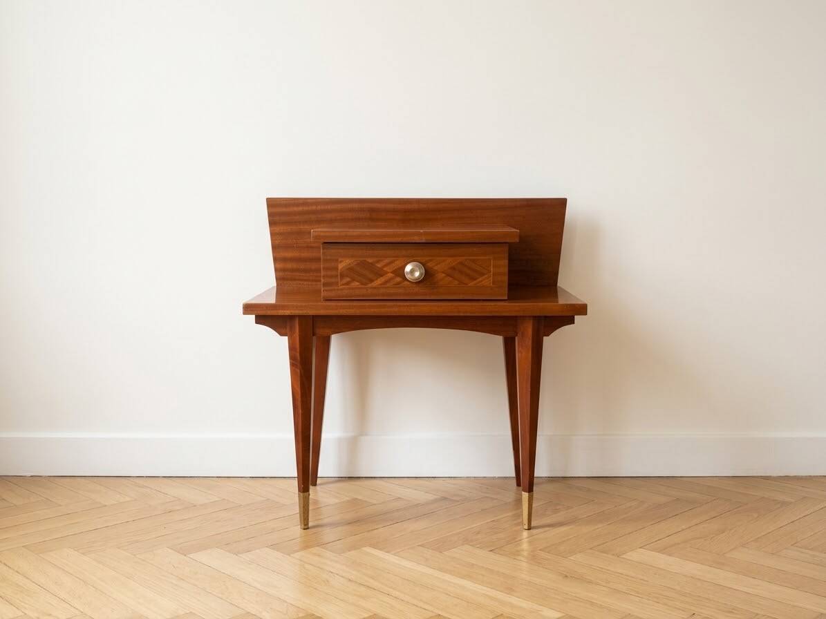 Vintage 1960s bedside table in wood and marquetry.