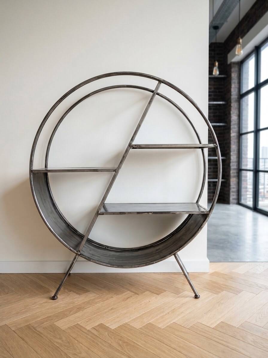 Round shelf on a stand in industrial style made of steel.