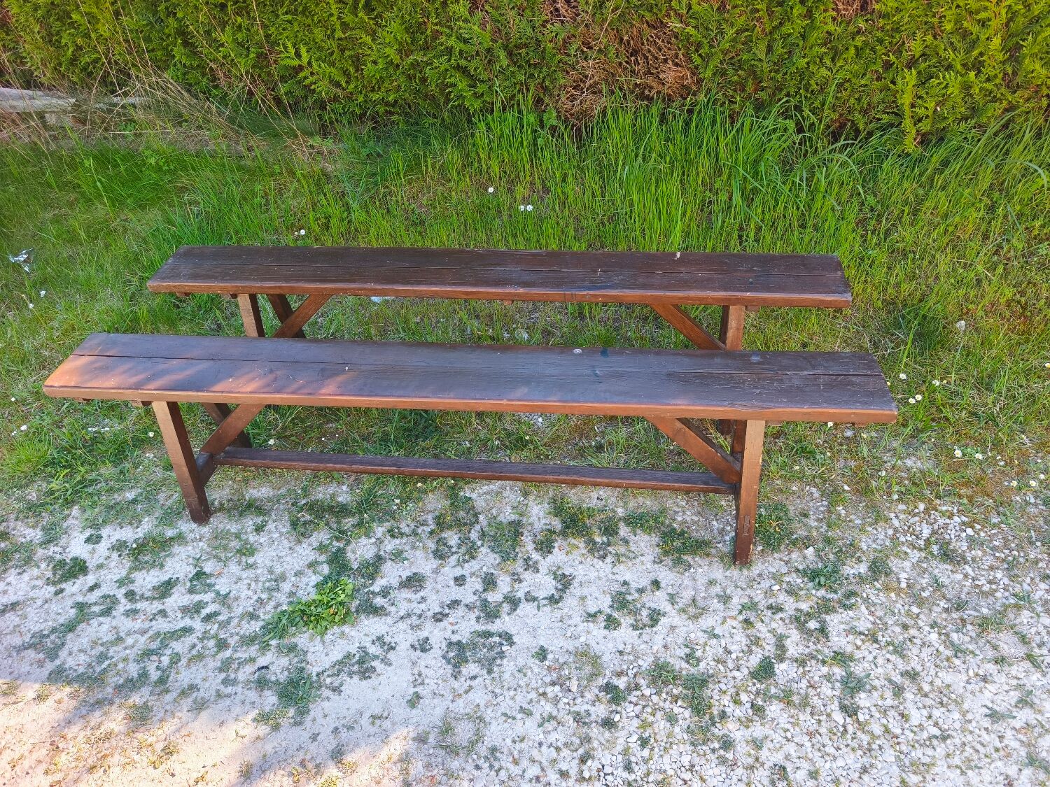 Pair of rustic antique long benches in solid wood – 195 cm