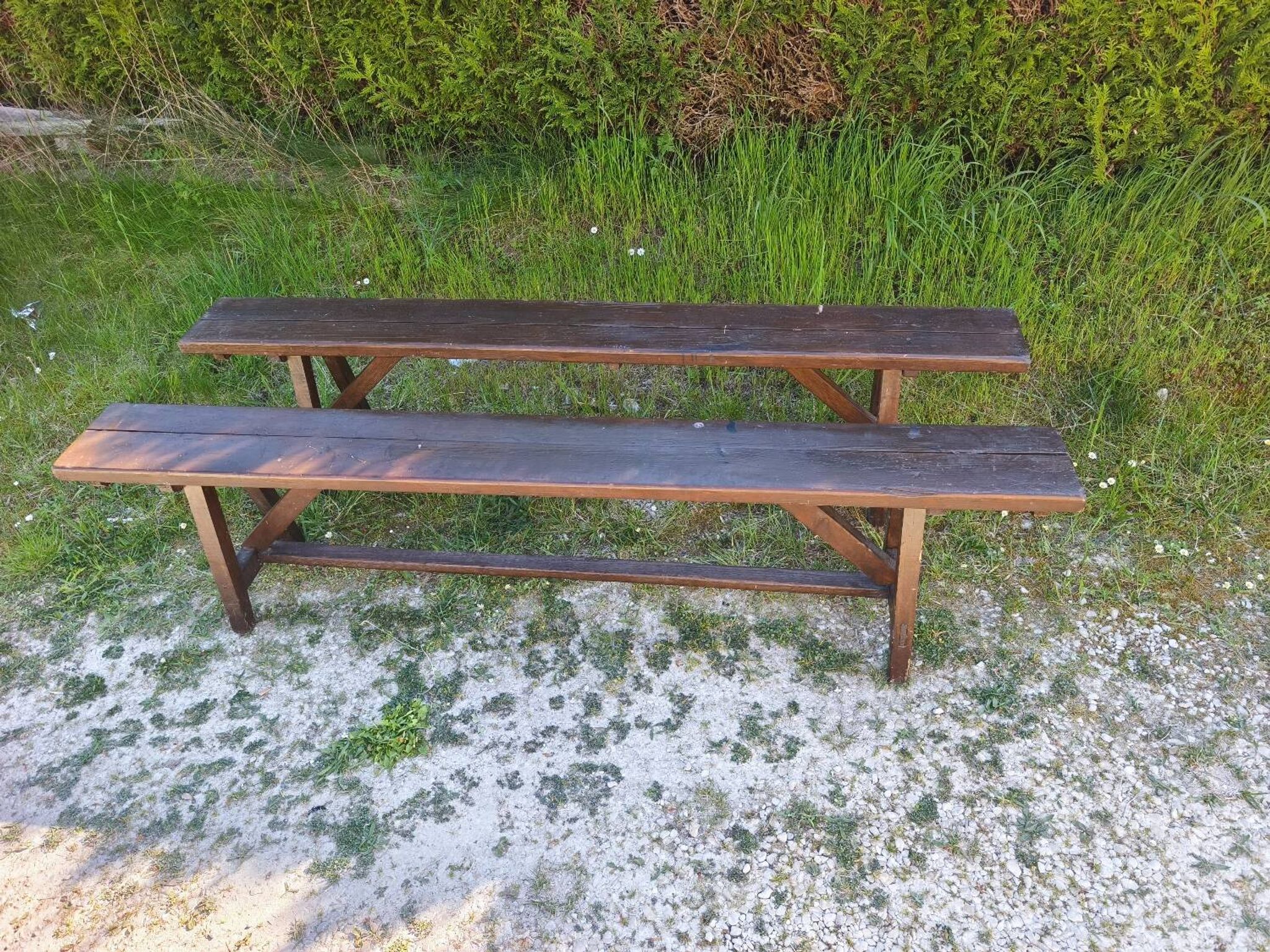 Pair of rustic antique long benches in solid wood – 195 cm