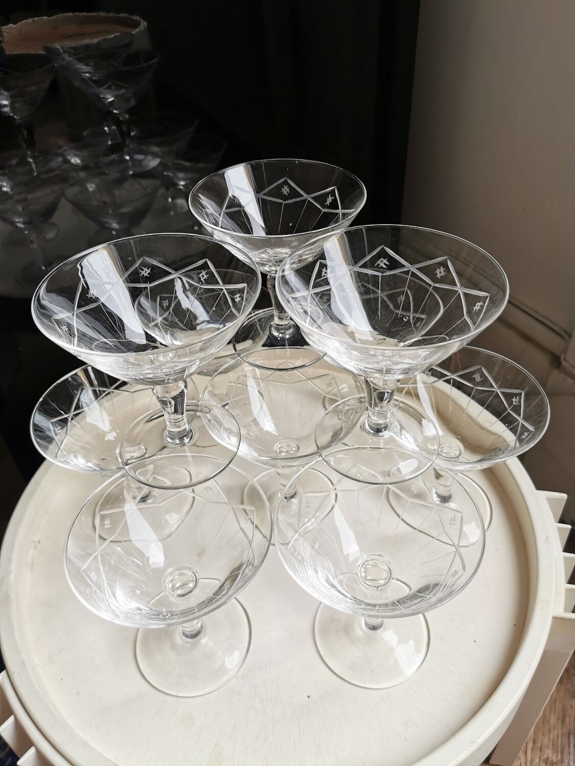 10 vintage hand-engraved champagne glasses