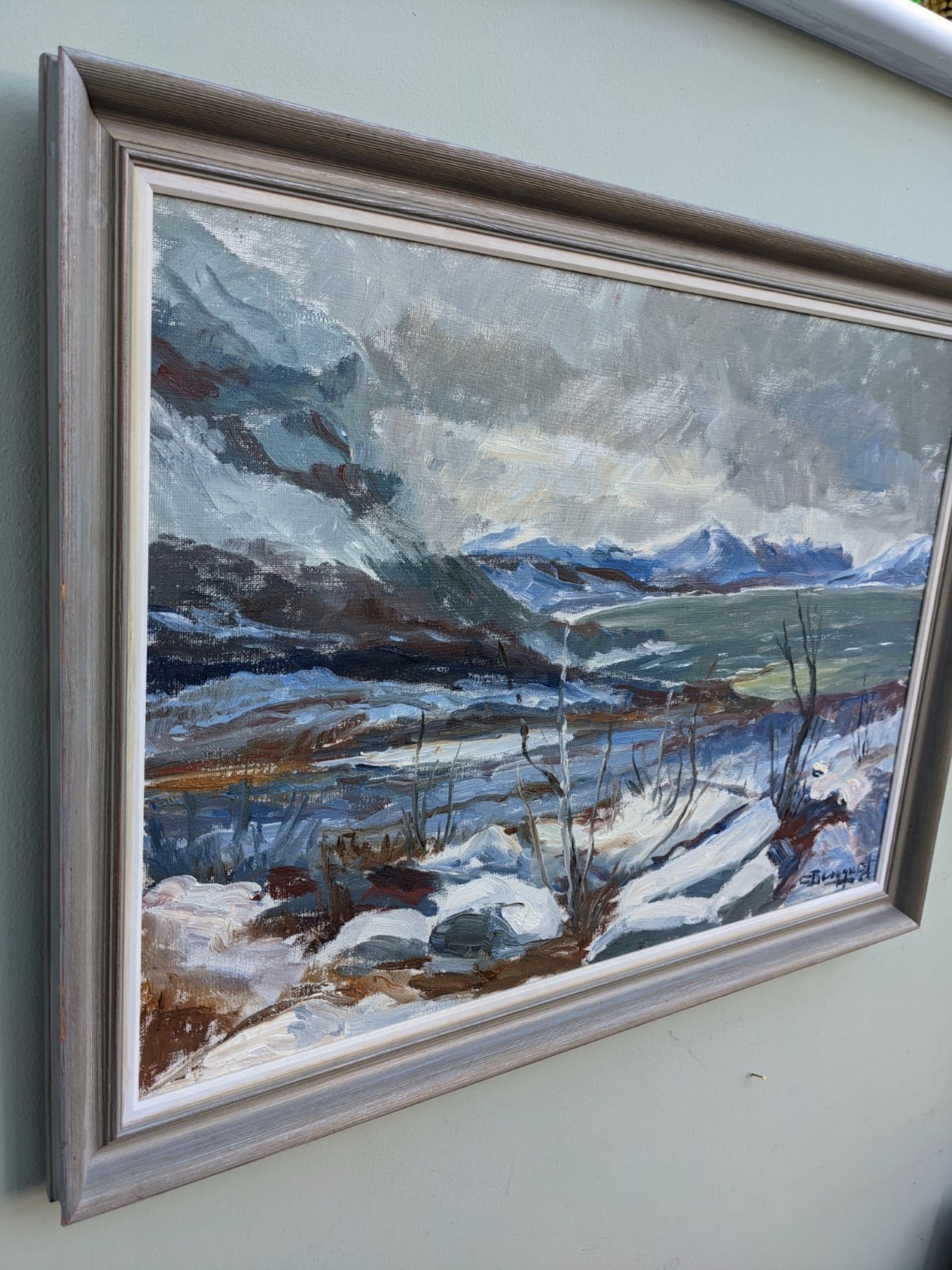 Mid 20th Century "The Mountains" Swedish Expressionist Winter Landscape Oil Painting, Framed