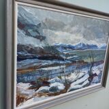 Mid 20th Century "The Mountains" Swedish Expressionist Winter Landscape Oil Painting, Framed