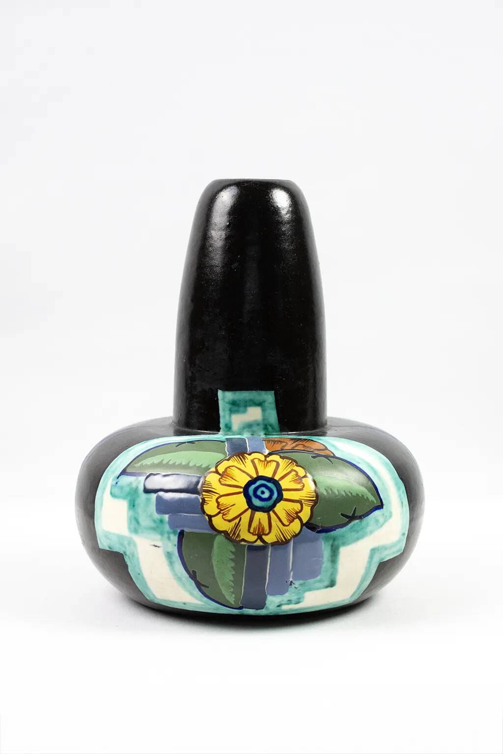 Art Deco Vase by Louis Dage – ceramic with floral decoration on a black background, 1930
