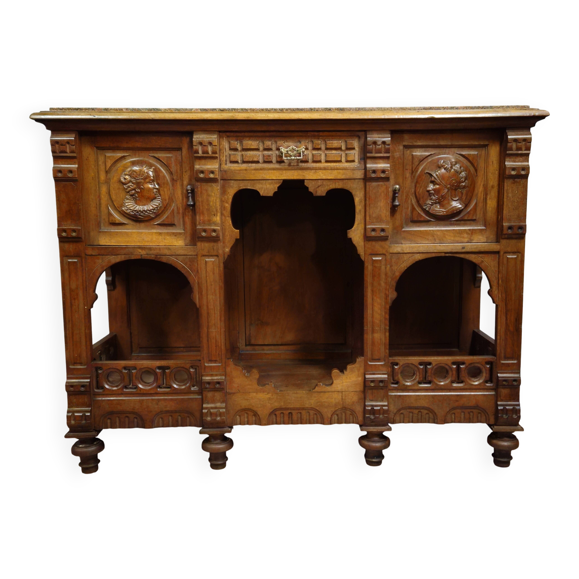 Antique walnut buffet with a marble top – Renaissance style
