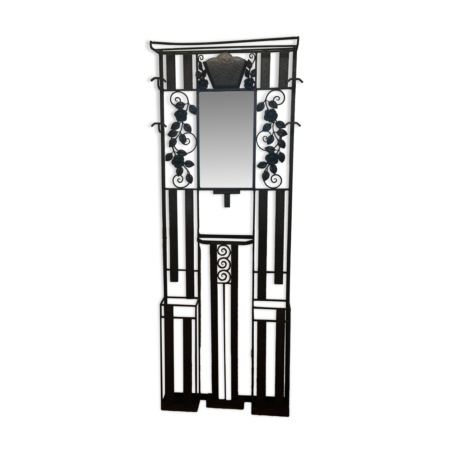Art deco wrought iron coat rack and Degue lamp