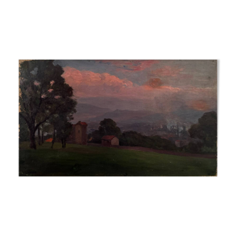 Countryside landscape, sunset signed Lavauden.