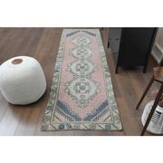 Vintage Turkish Hand-Knotted Wool Cotton Pink Runner Rug 84x281