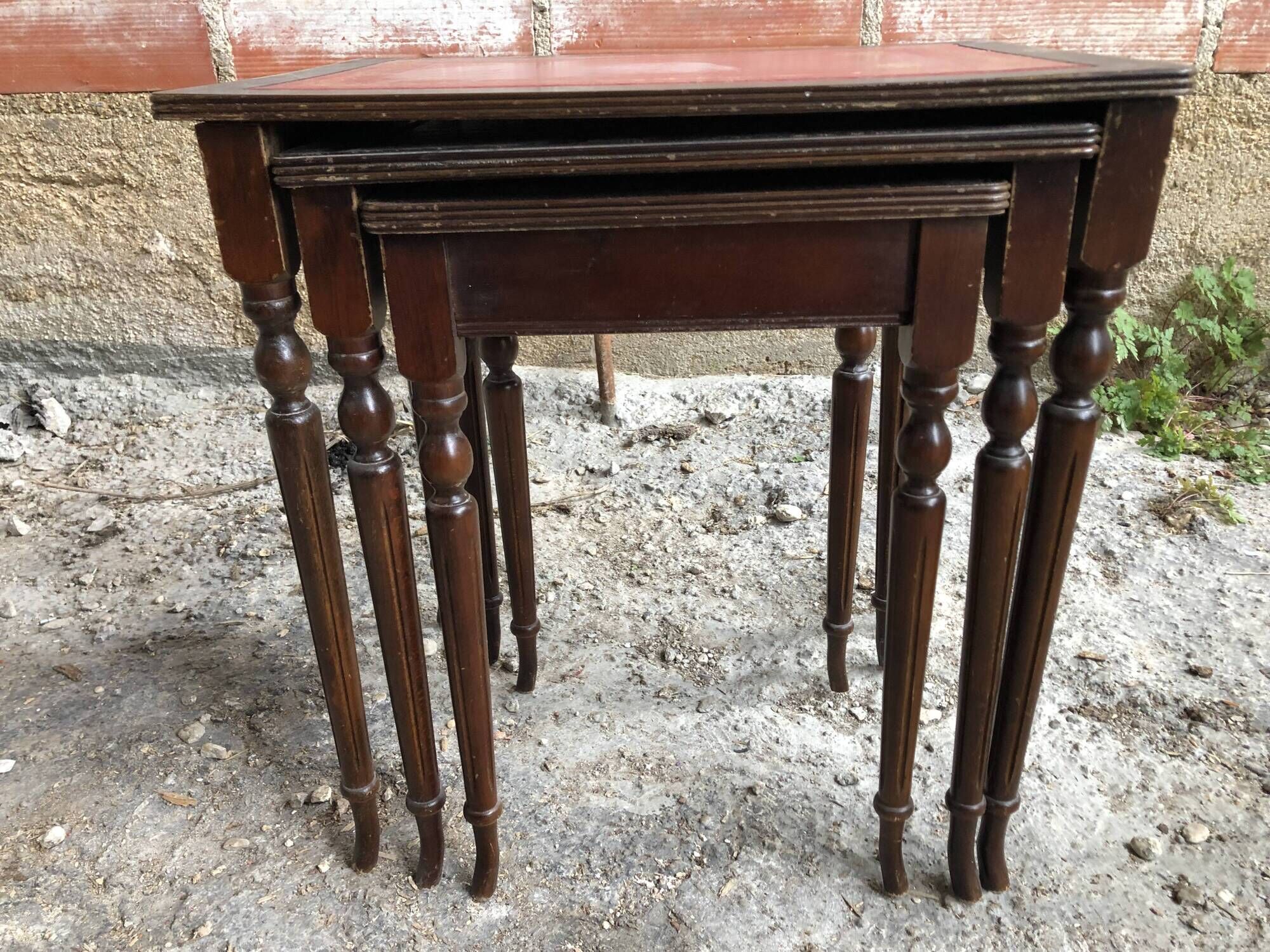 Series 3 Tables Trundles Wood Bent Feet + Top Embossed Leather Vintage Red