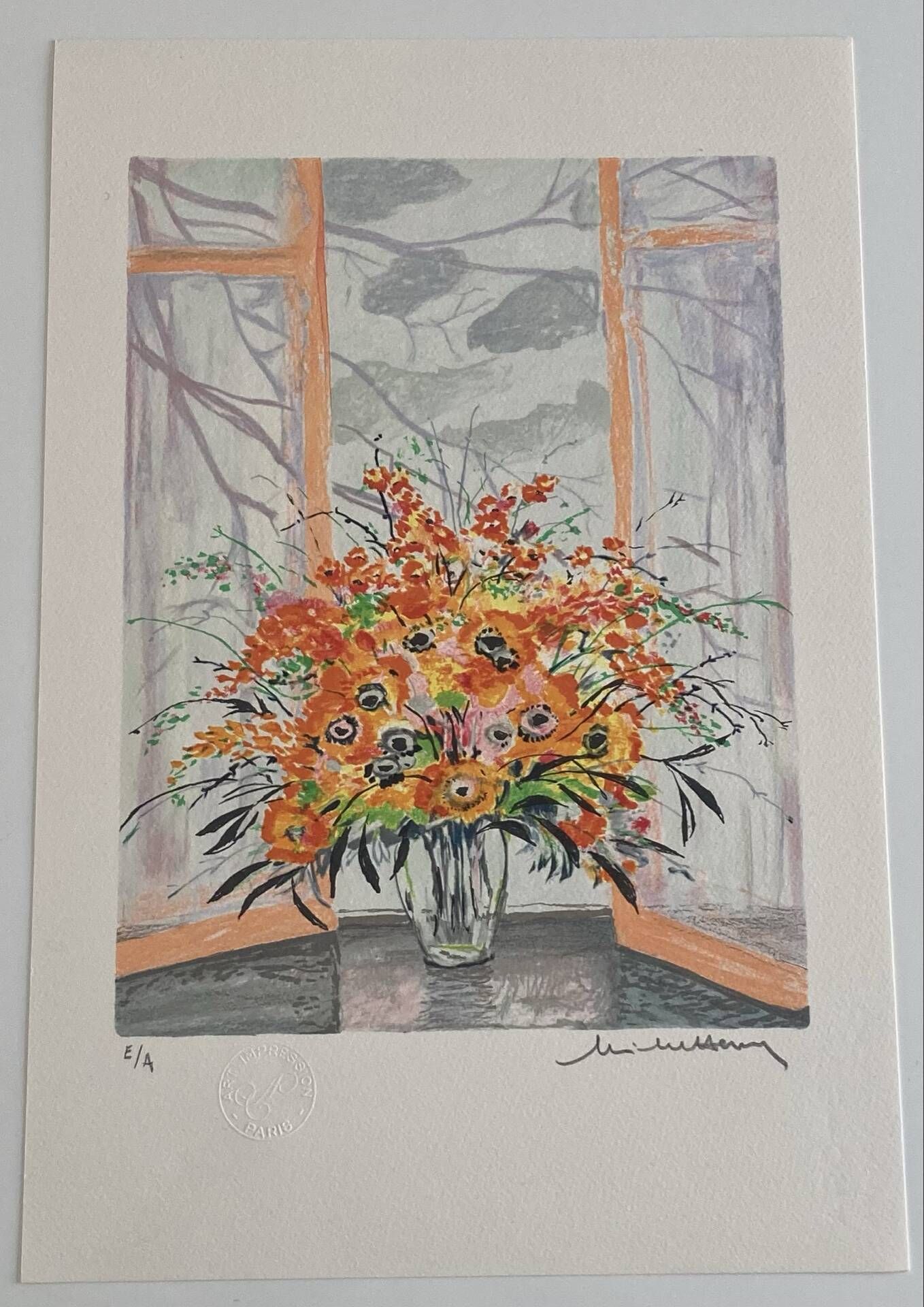 Lithographie signée Michel Henry - Bouquet à la fenêtre