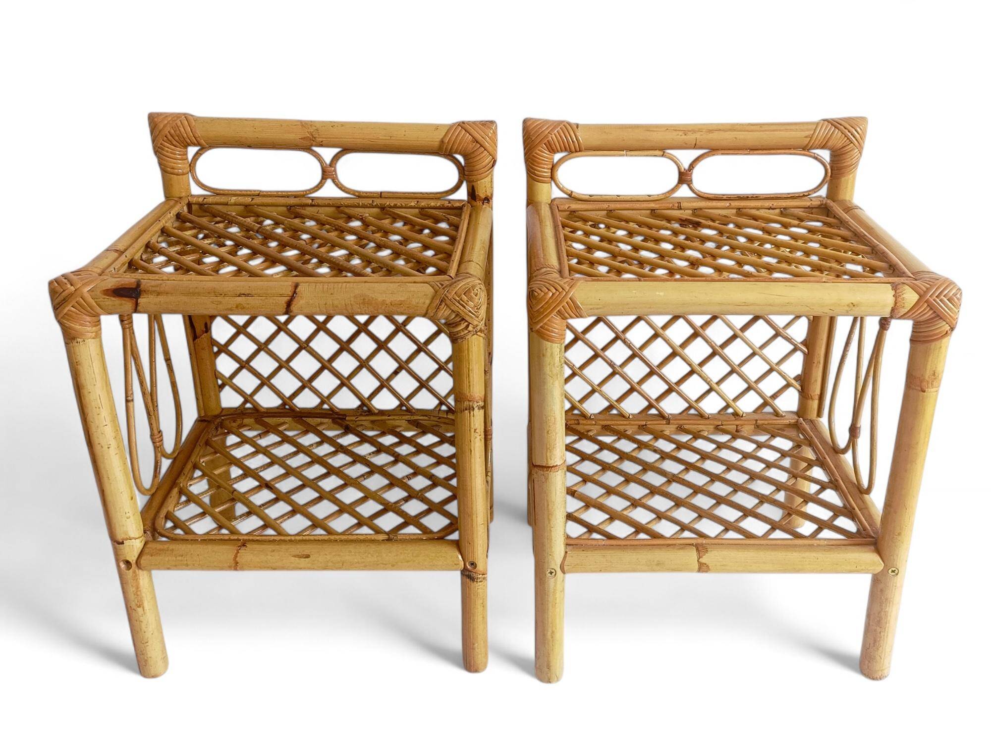 Mid-Century Bamboo and Rattan Nightstands, Spain, Hand-Crafted, 1970s