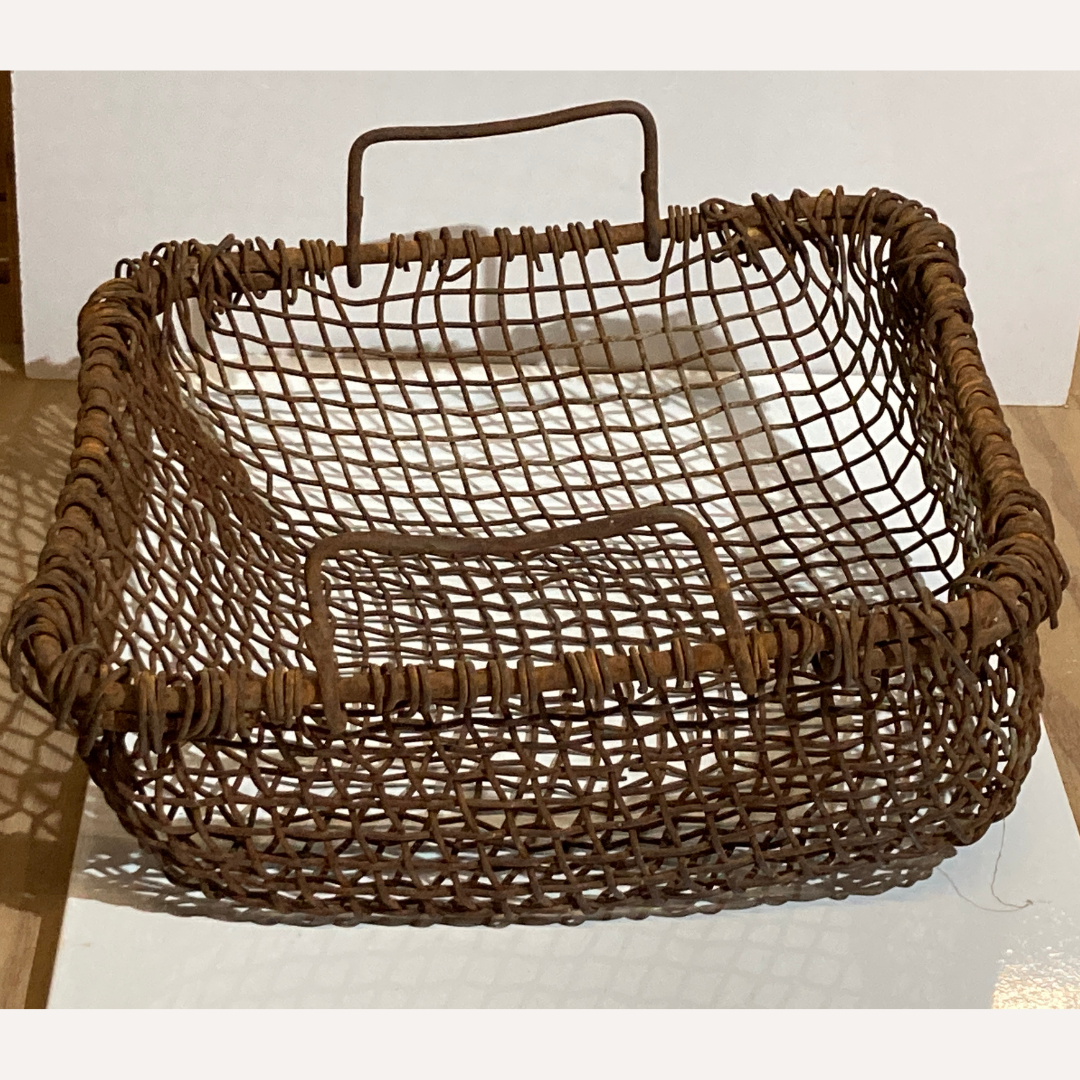 Antique woven rustic metal fireplace basket, Netherlands ca 1900