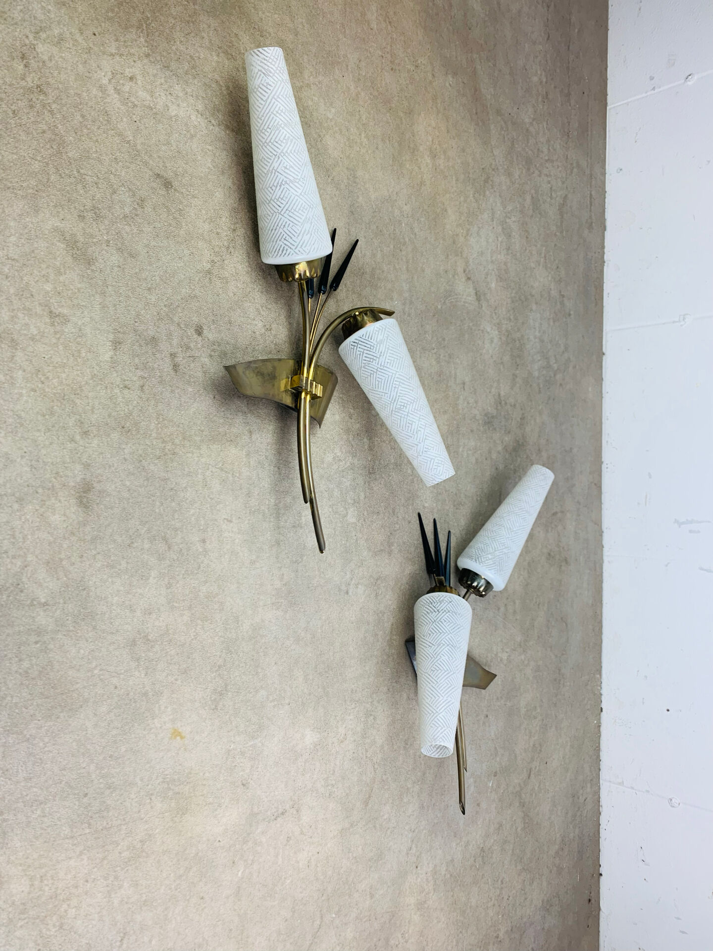 Pair of 1950s wall lights in brass and opaline tulips, Lunel/Arlus