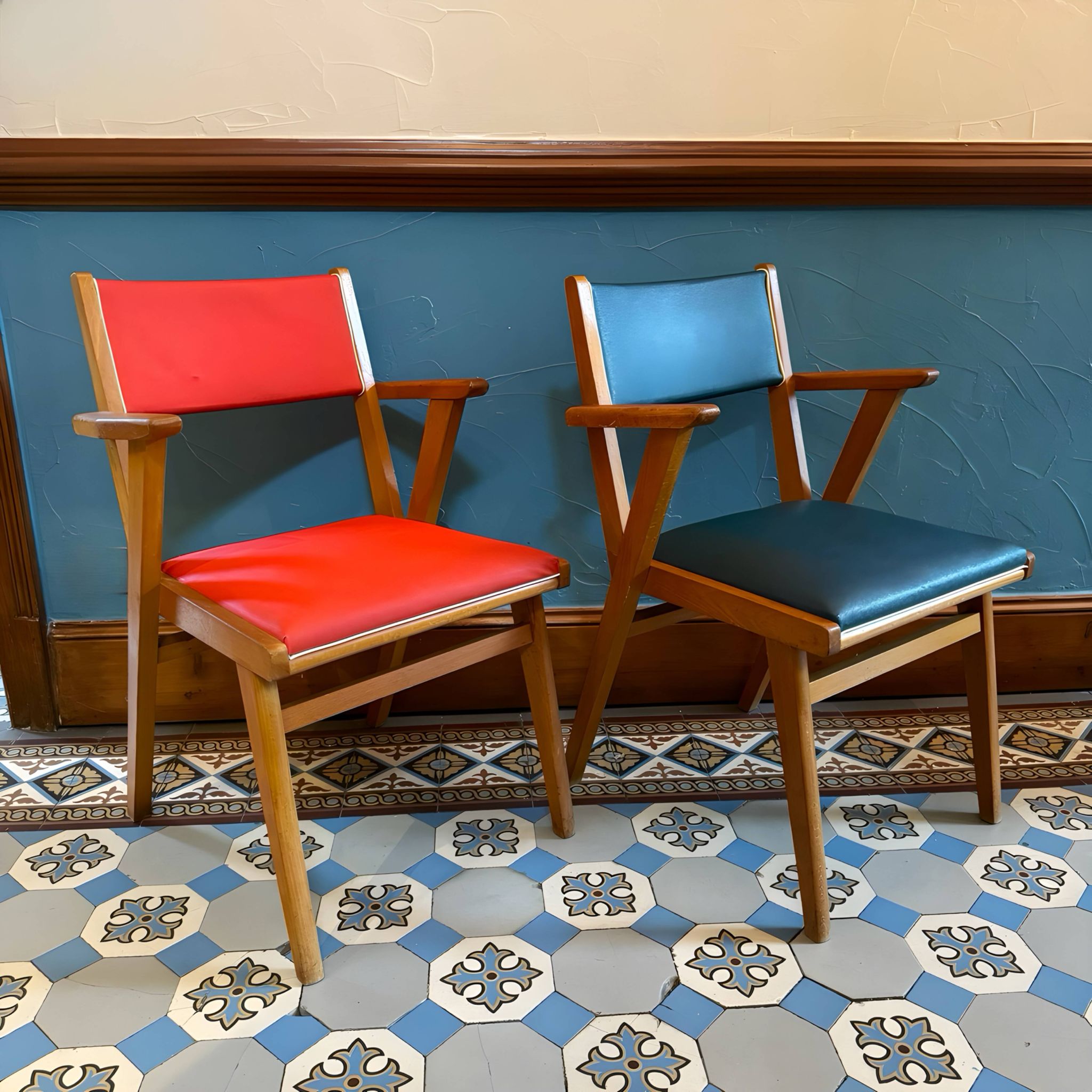 Pair of Scandinavian bridge armchairs in wood and vinyl from the 1950s.