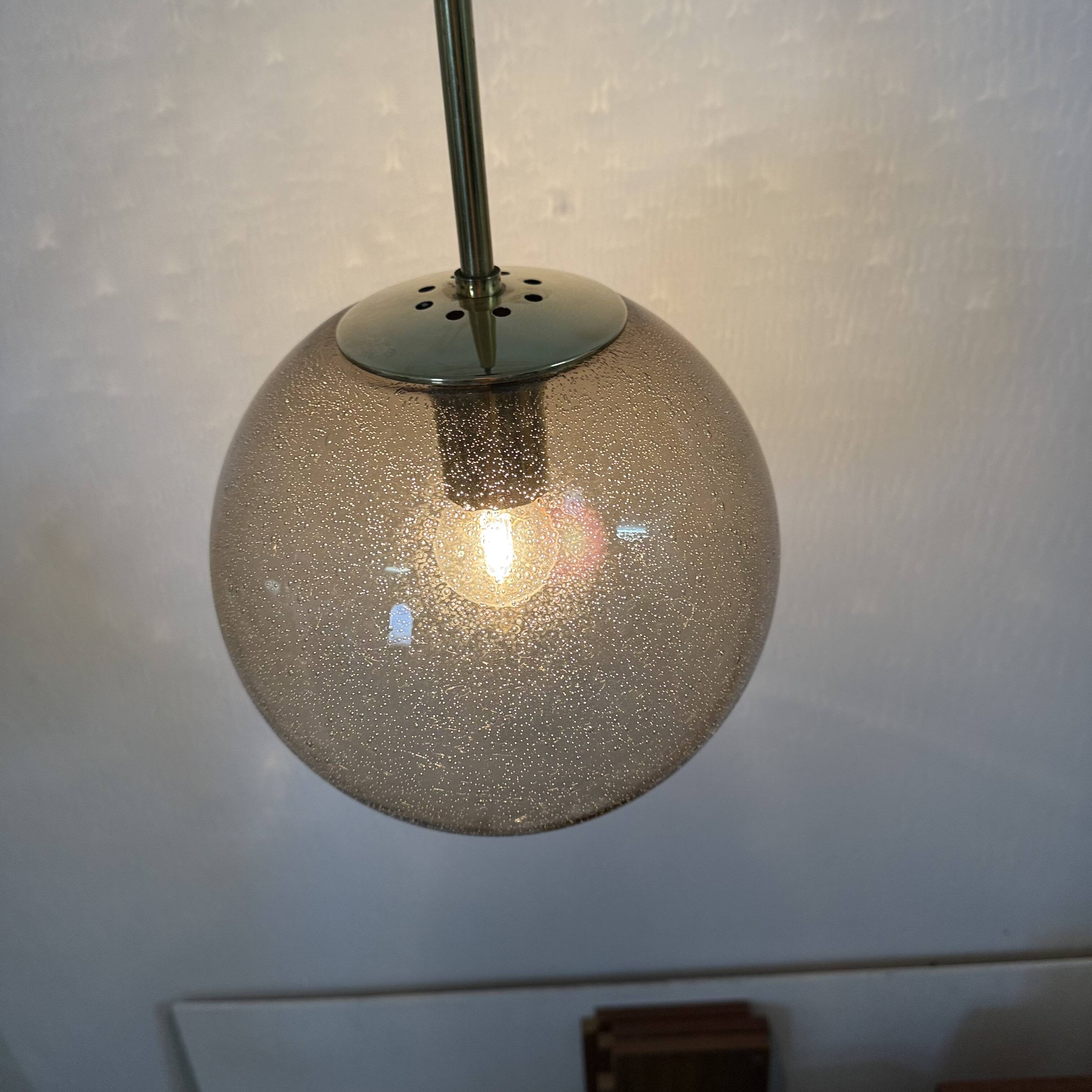 Limburg Glashütte brass smoked glass ball pendant hanging lamp , 1970s