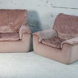 Cinna, pair of armchairs foam and velvet ras pink pale, France, circa 1970