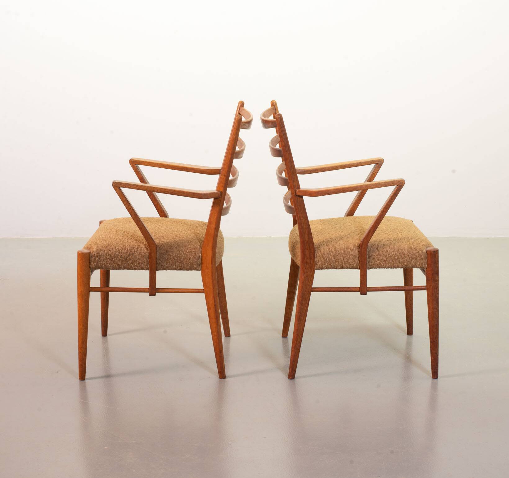 Cees Braakman Dutch Design Wooden Ladder Arm Chairs & Caramel Bouclé Fabric