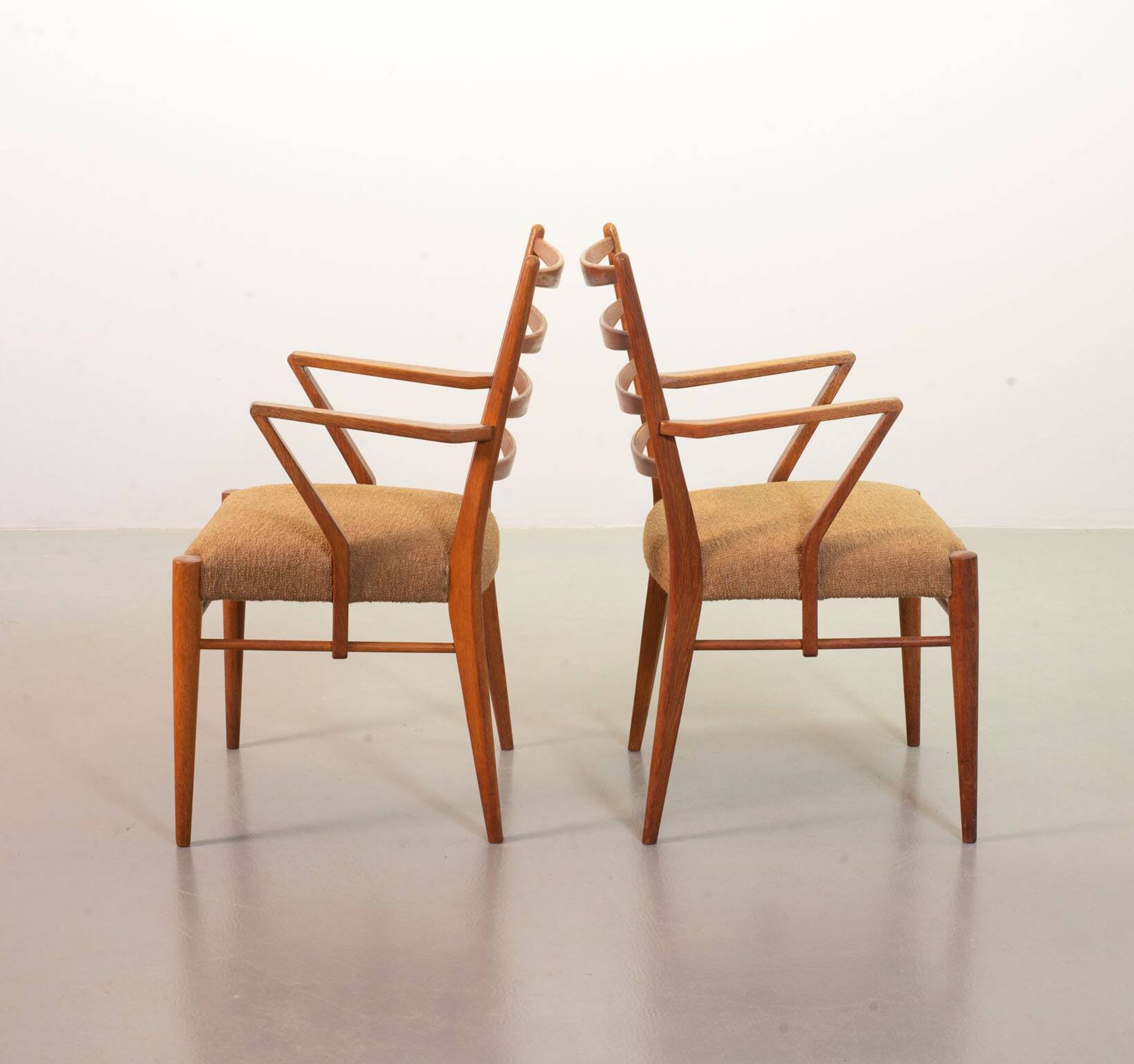 Cees Braakman Dutch Design Wooden Ladder Arm Chairs & Caramel Bouclé Fabric