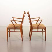 Cees Braakman Dutch Design Wooden Ladder Arm Chairs & Caramel Bouclé Fabric