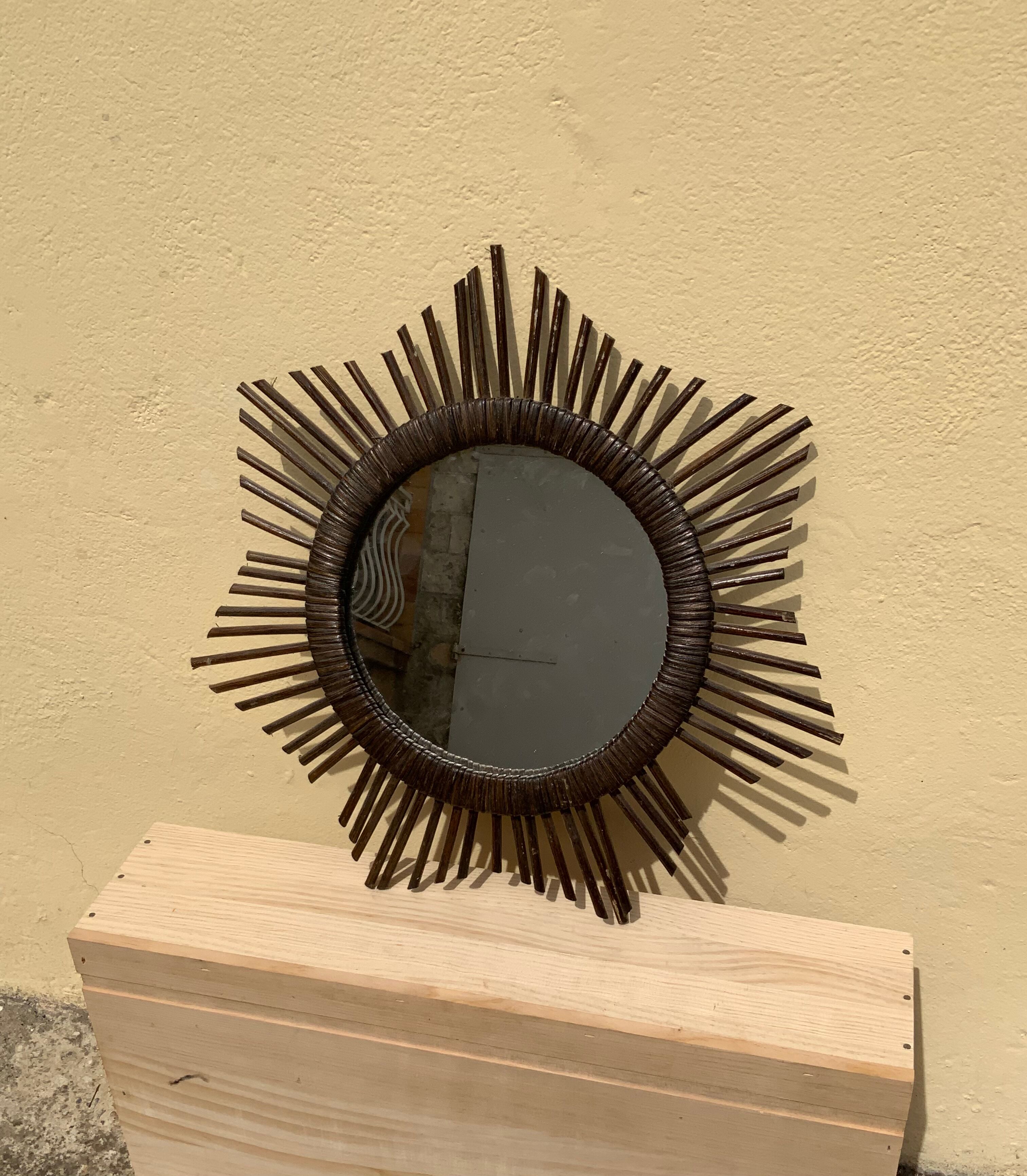 Vintage sun mirror in woven rattan diameter 45 cm retro decoration
