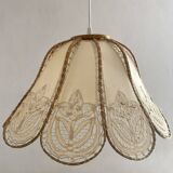 Antique hanging lampshade in rattan and openwork embroidered fabric
