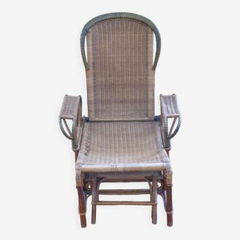 Chaise longue debut xx° in rattan, wicker and wood