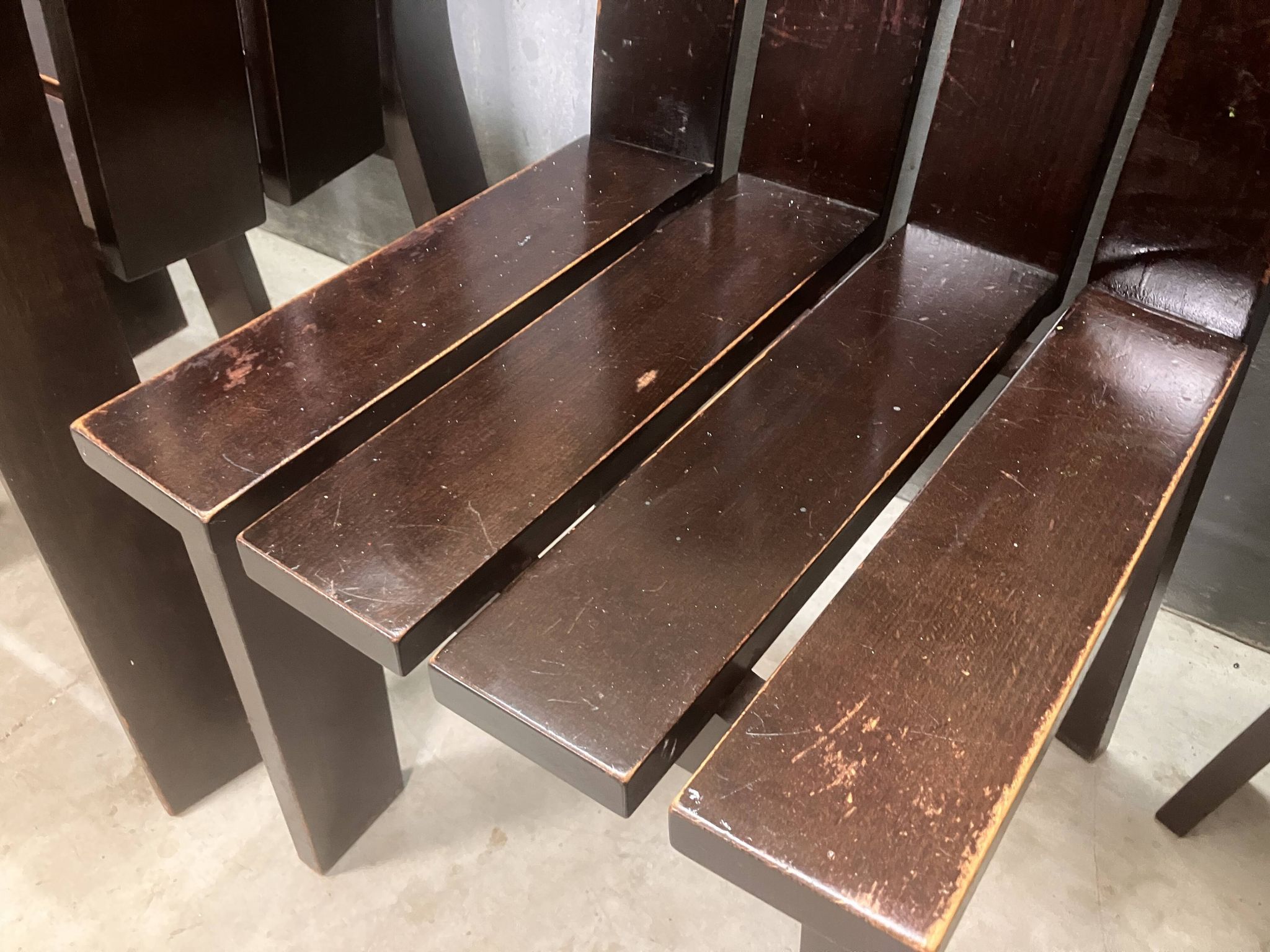 Brutalist and modernist dining chairs from the 1970s in architectural brown wood.
