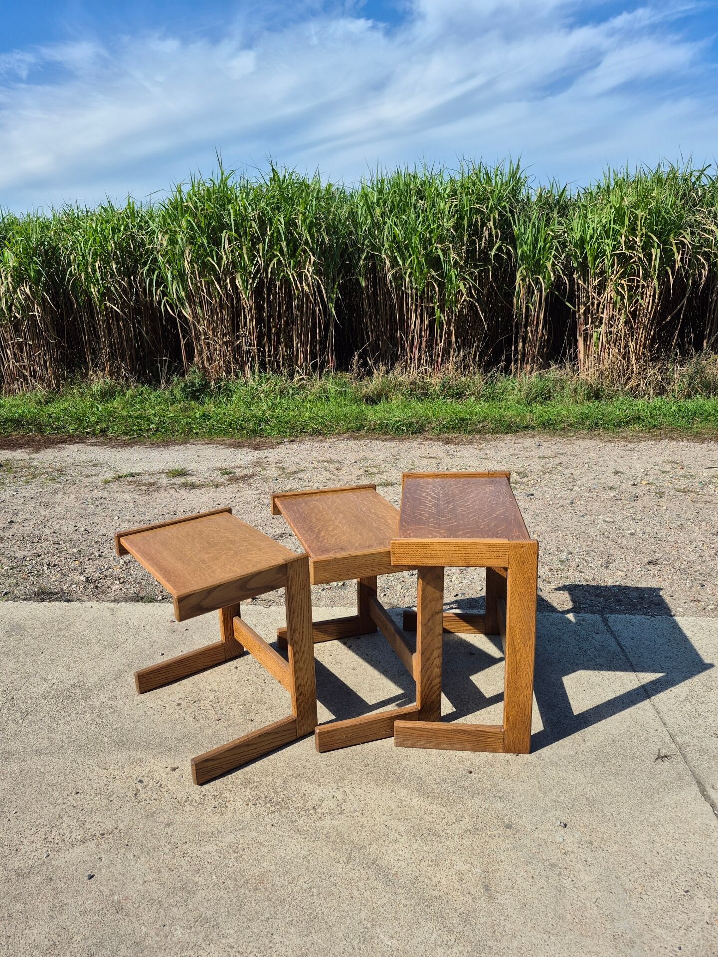 Set 3 nesting tables oak veneer 1970s brutalist