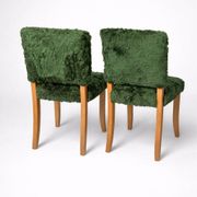 Pair of vintage wooden chairs with green fur effect upholstery – Year