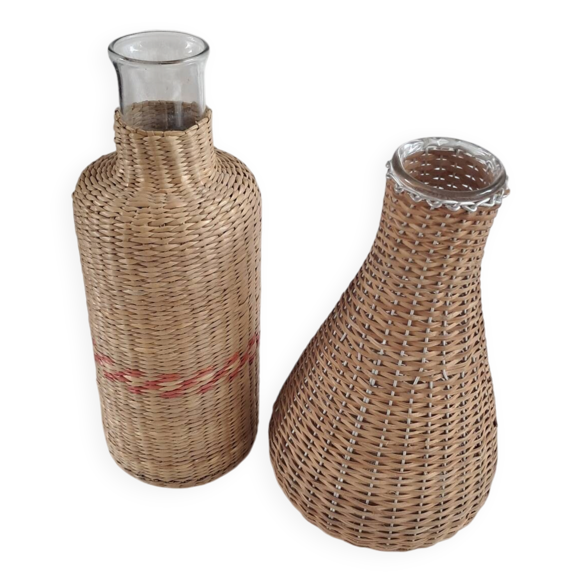 Pair of glass carafes / vases dressed in vintage woven rattan – A