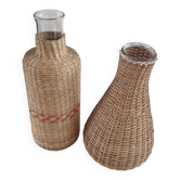 Pair of glass carafes / vases dressed in vintage woven rattan – A