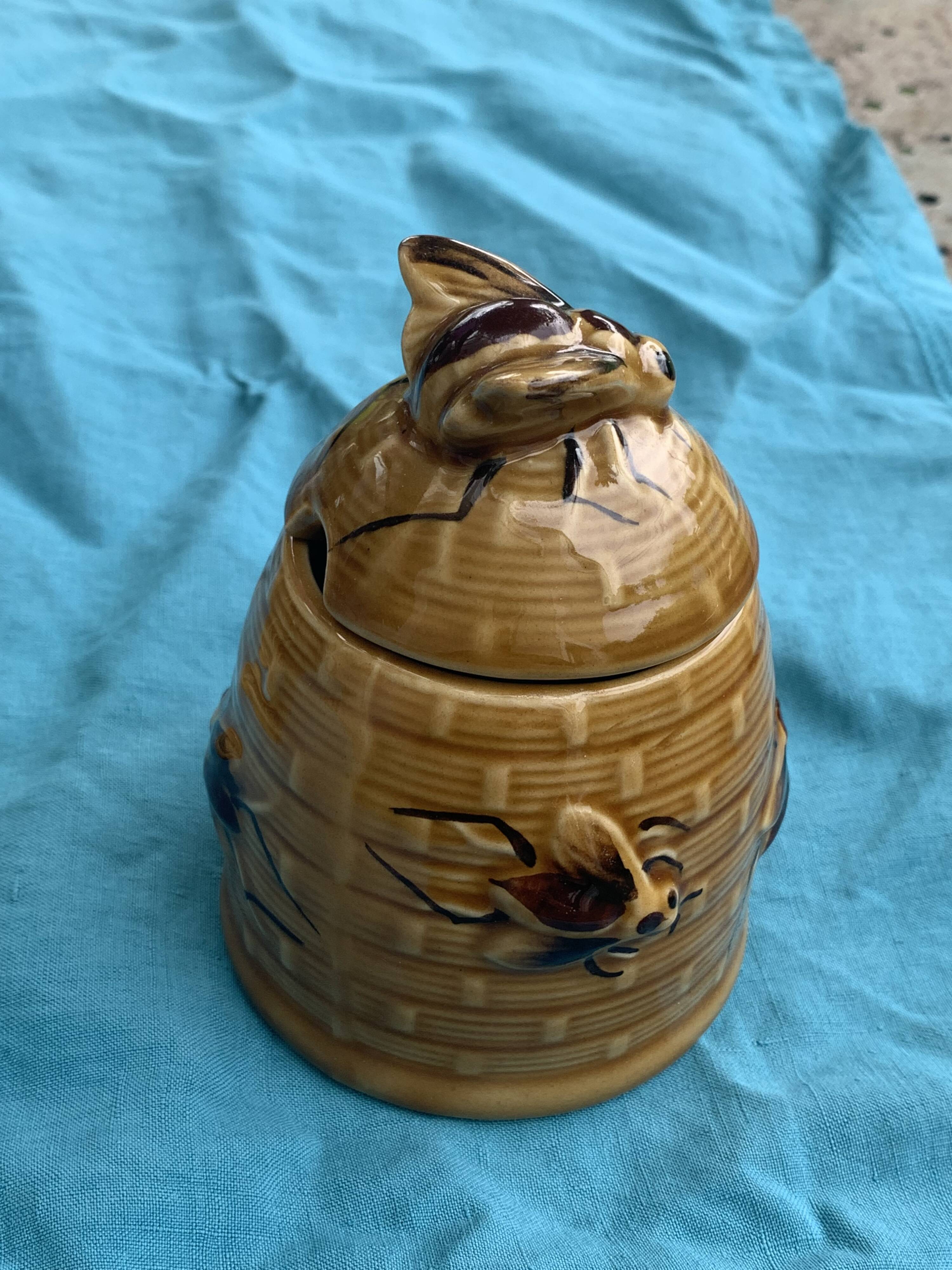 Beehive and bee honey pot in slip, vintage enameled ceramic