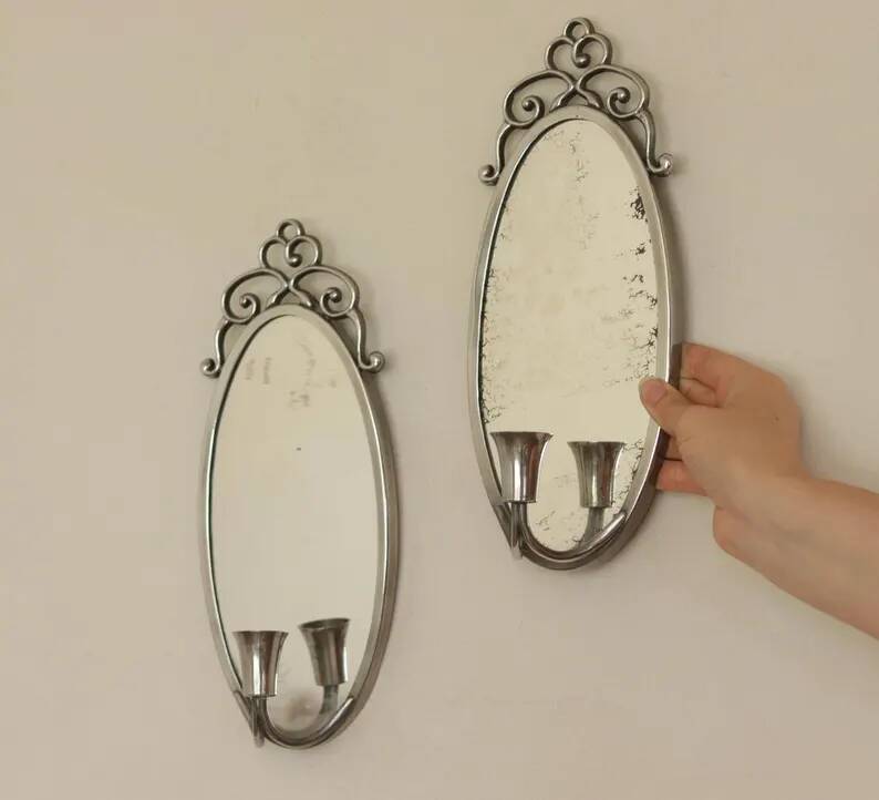 Pair of Swedish Tin Wall Sconces, Mid-Century Style with Mirror by Svenskt - Tenn