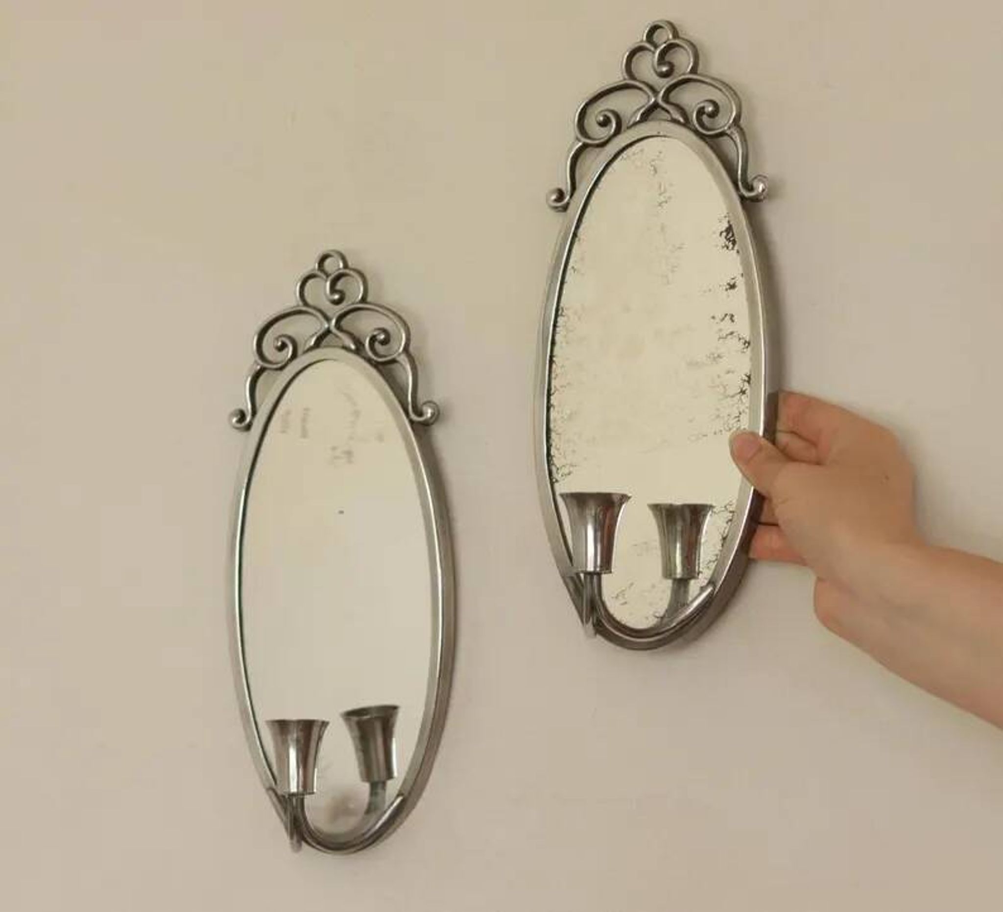 Pair of Swedish Tin Wall Sconces, Mid-Century Style with Mirror by Svenskt - Tenn