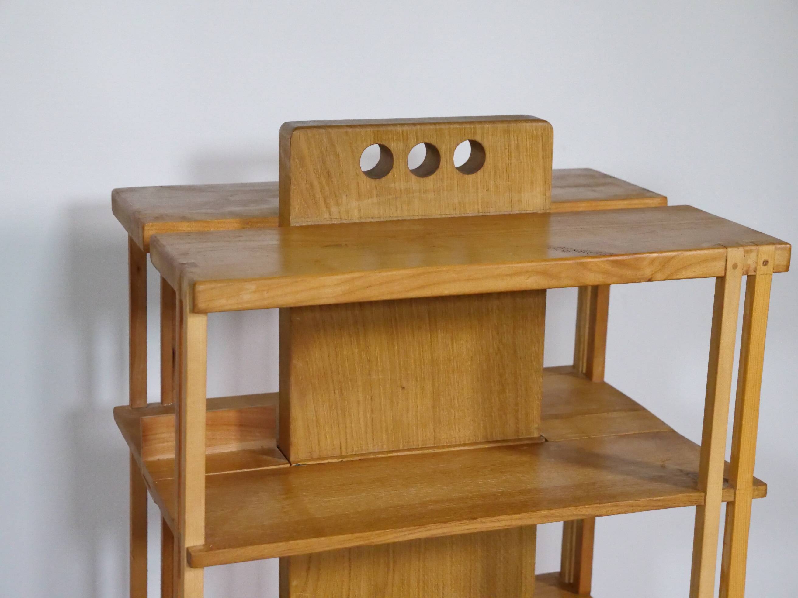 Solid cherry wood rolling shelf, unique piece, 1970s