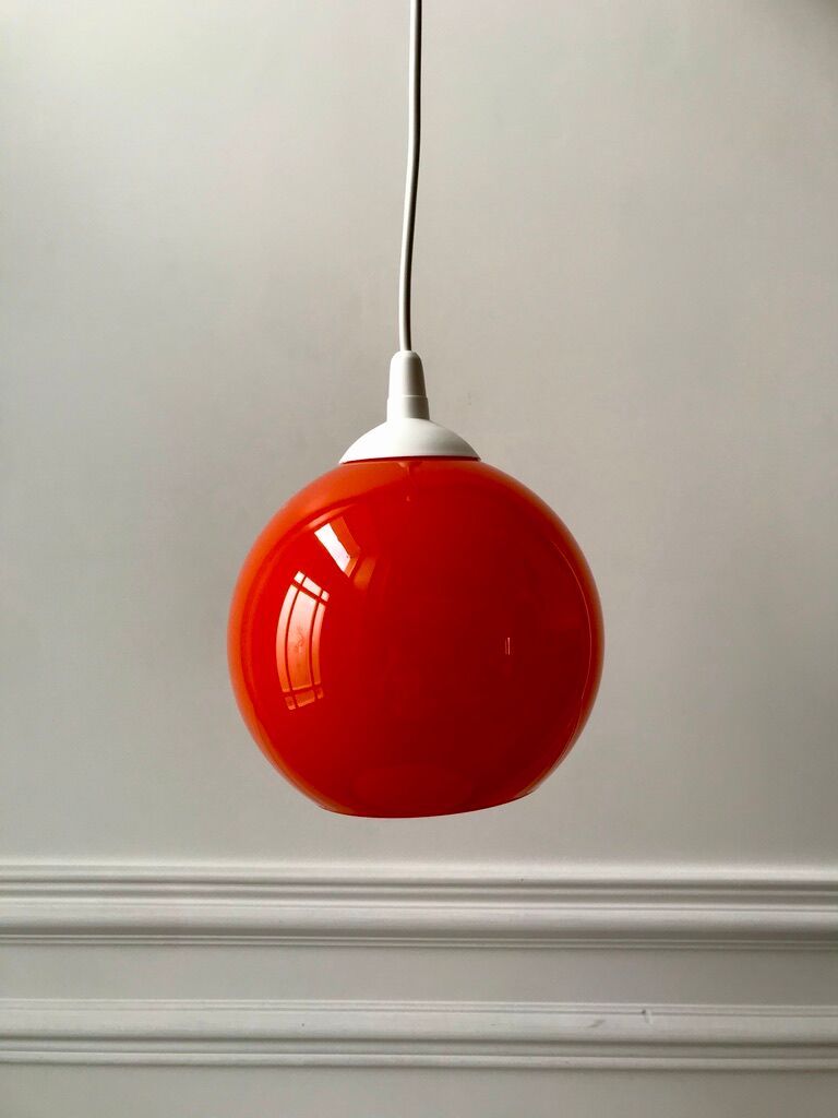 Hanging lamp ball in opaline orange 70s