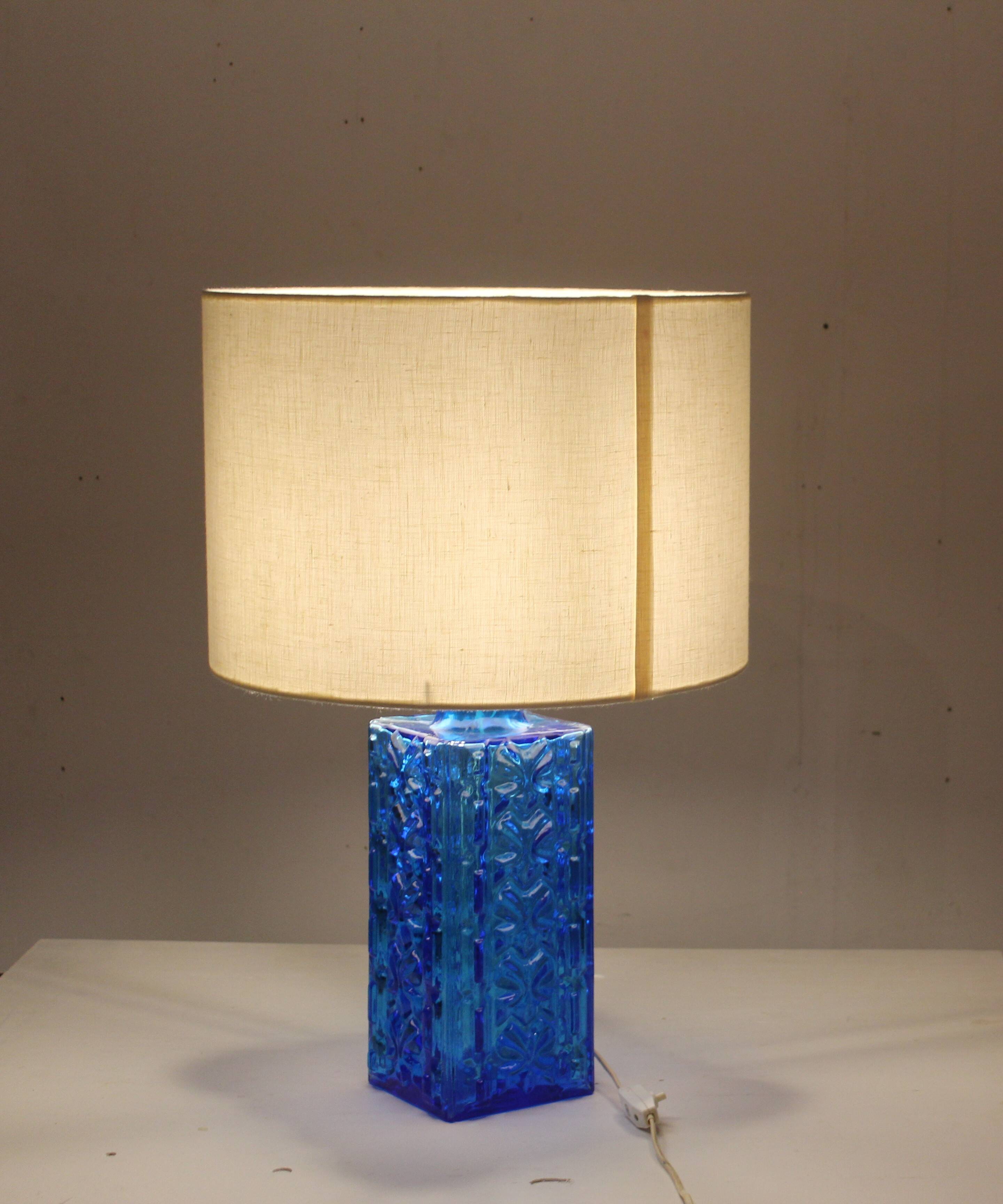 Vintage 1960s table lamp in azure blue pressed glass for Orref.