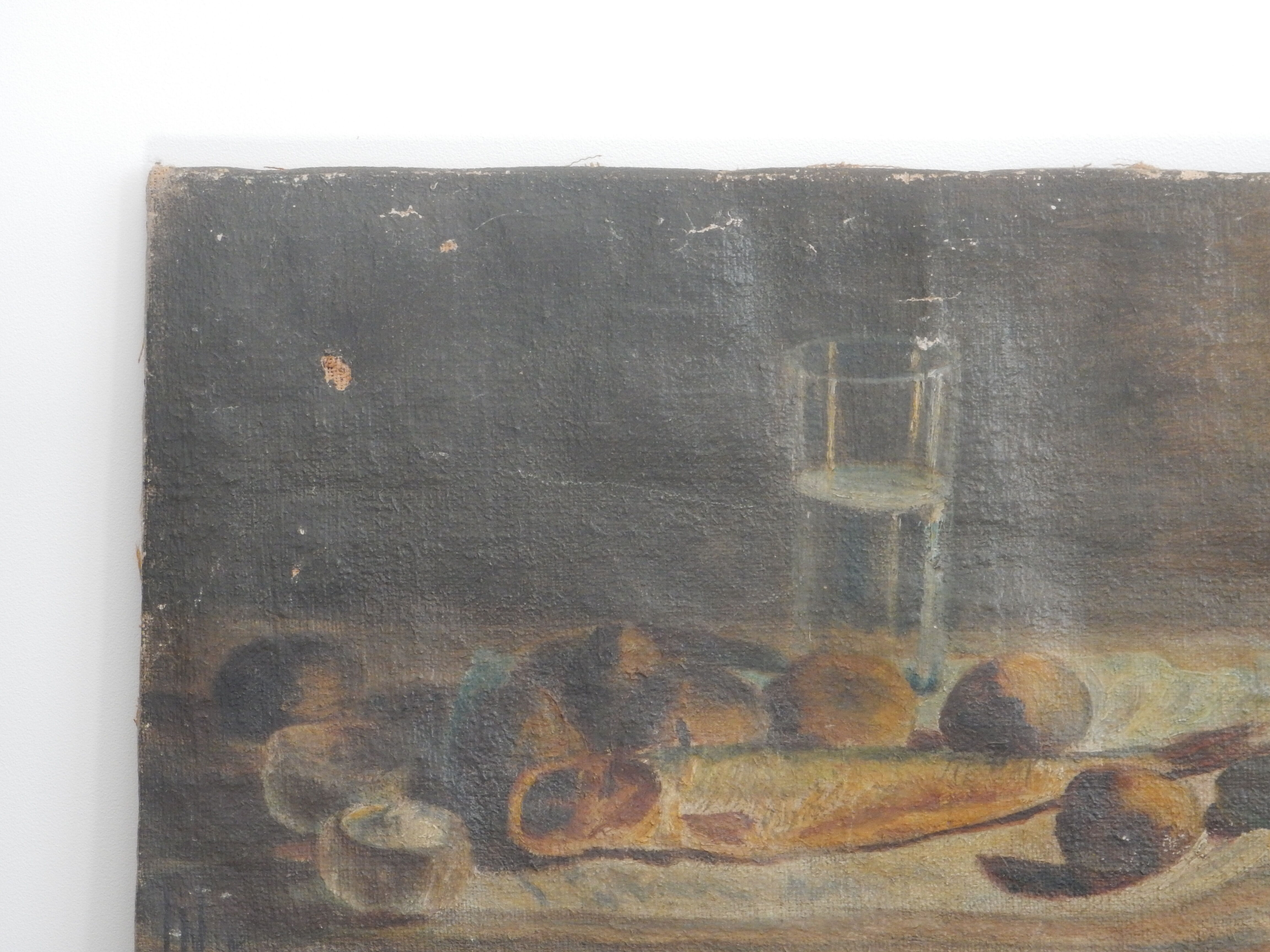 Oil on canvas still life painting lit by candlelight